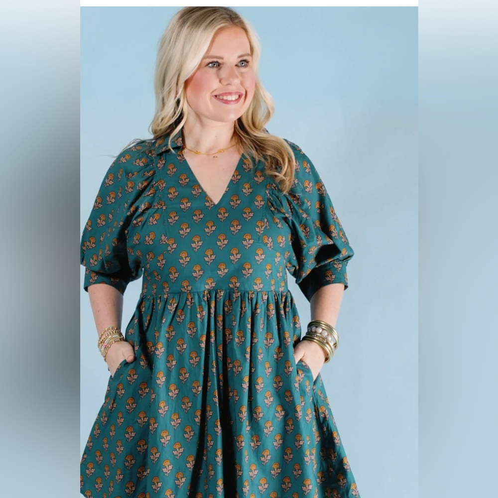 Chic Soul Floral Emerald green midi Dress size 2X ๐ธ๐บ๐น BMB HALL - Picture 3 of 7